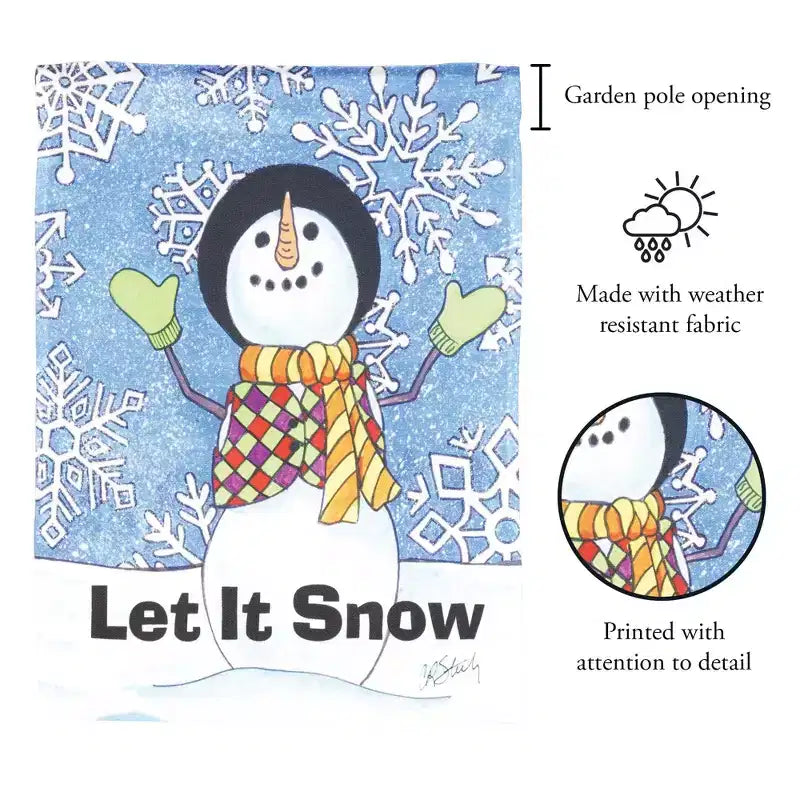 Drapeau de jardin en polyester 13 x 18 pouces « Let It Snow » bonhomme de neige