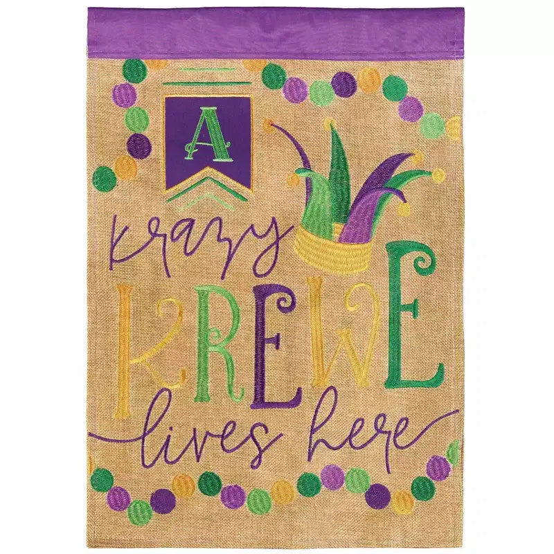 Magnolia Garden Krazy Krewe Lives Here Mardi Gras Burlap 13 x 18 Inch Polyester Garden Flag