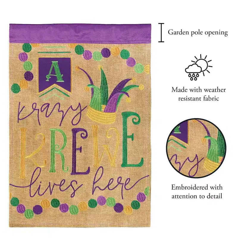 Drapeau de jardin en polyester 13 x 18 pouces « Krazy Krewe Lives Here » pour Mardi Gras