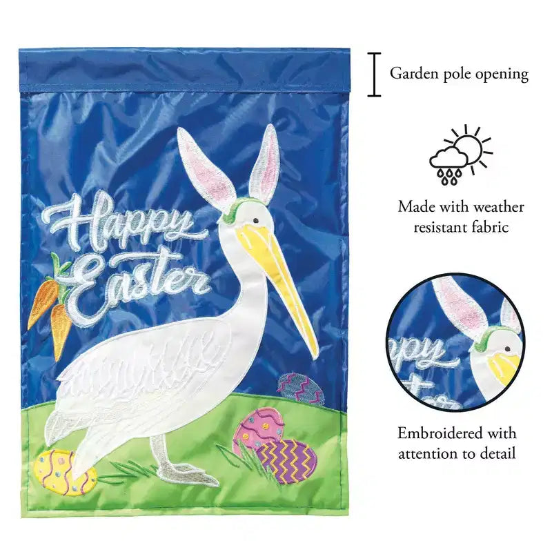Drapeau de jardin en polyester 13 x 18 pouces "Joyeuses Pâques" - Pélican avec oreilles de lapin