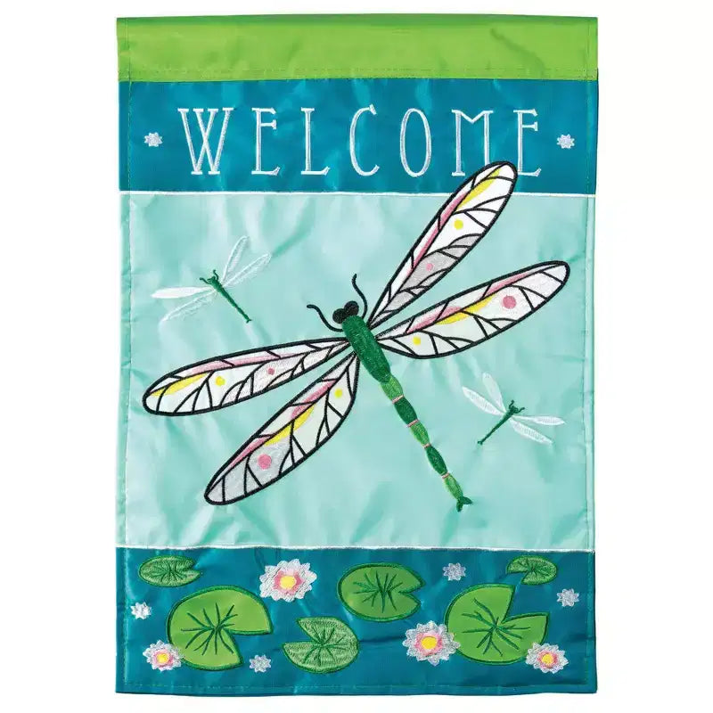 Magnolia Garden Welcome Dragonfly Blue Mossy Green 29 x 42 Polyester Large Outdoor House Flag