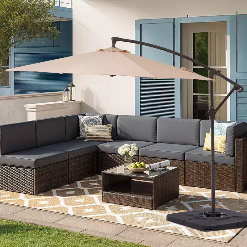 Parasol excentré de 3 m avec pied en croix, parasol suspendu robuste avec manivelle pour terrasse, patio et bord de piscine