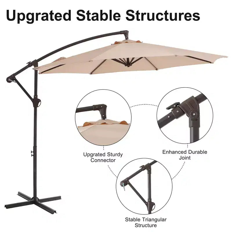 Parasol excentré de 3 m avec pied en croix, parasol suspendu robuste avec manivelle pour terrasse, patio et bord de piscine