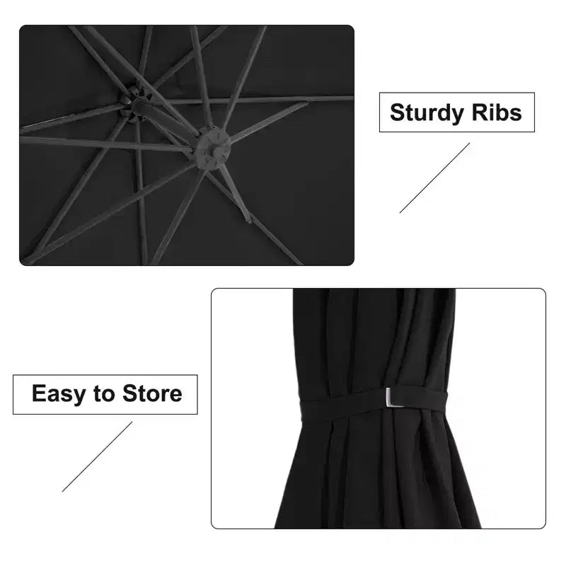 Parasol excentré de 3 m avec pied en croix, parasol suspendu robuste avec manivelle pour terrasse, patio et bord de piscine