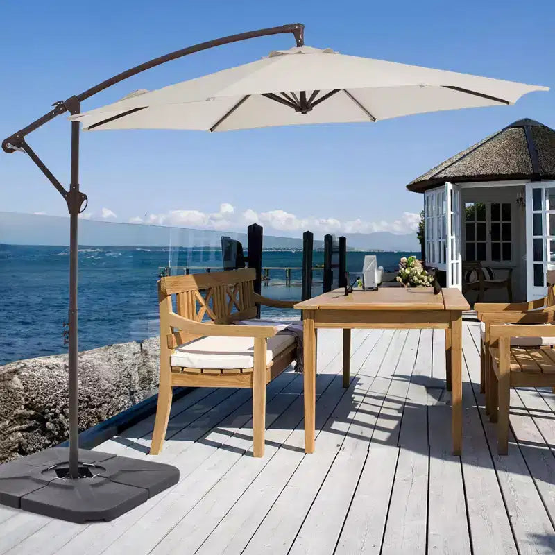 Parasol excentré de 3 m avec pied en croix, parasol suspendu robuste avec manivelle pour terrasse, patio et bord de piscine
