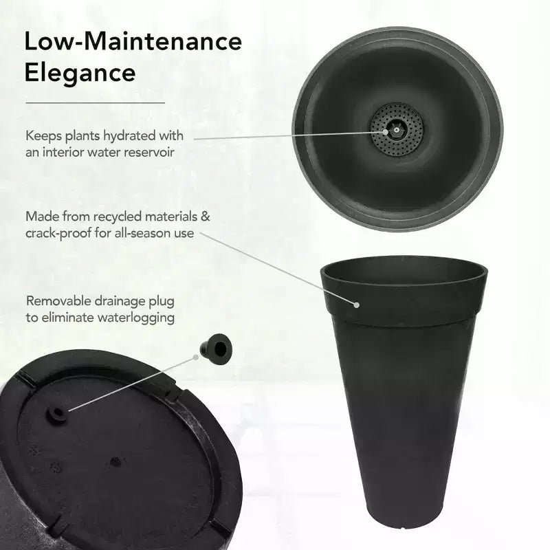 Jardinière ronde haute auto-irrigante, résistante aux intempéries pour terrasse, jardin et porche, 15 x 26, noire