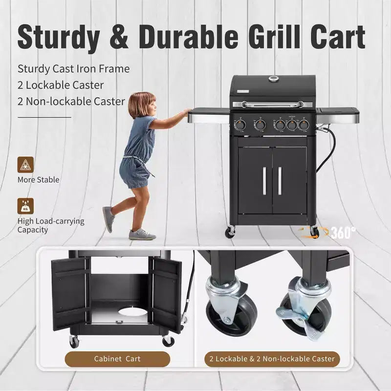 Barbecue au propane 4 brûleurs avec brûleur latéral et grilles de cuisson en fonte émaillée
