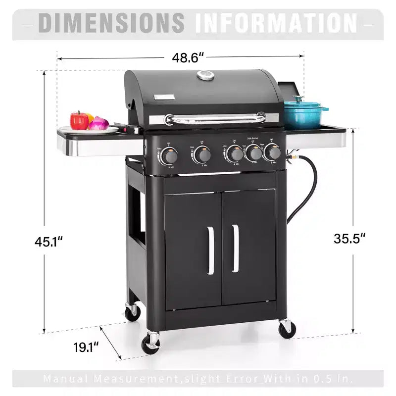 Barbecue au propane 4 brûleurs avec brûleur latéral et grilles de cuisson en fonte émaillée