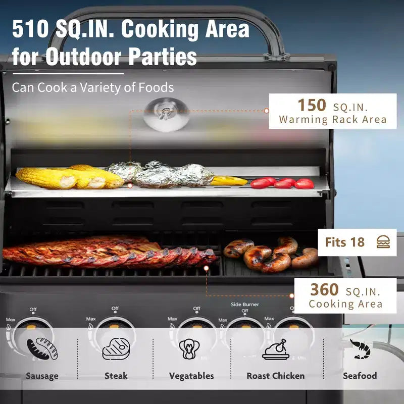 Barbecue au propane 4 brûleurs avec brûleur latéral et grilles de cuisson en fonte émaillée