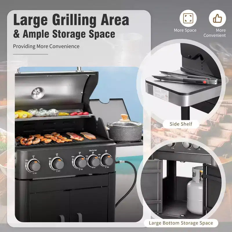 Barbecue au propane 4 brûleurs avec brûleur latéral et grilles de cuisson en fonte émaillée