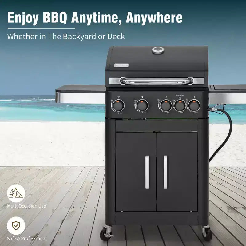 Barbecue au propane 4 brûleurs avec brûleur latéral et grilles de cuisson en fonte émaillée