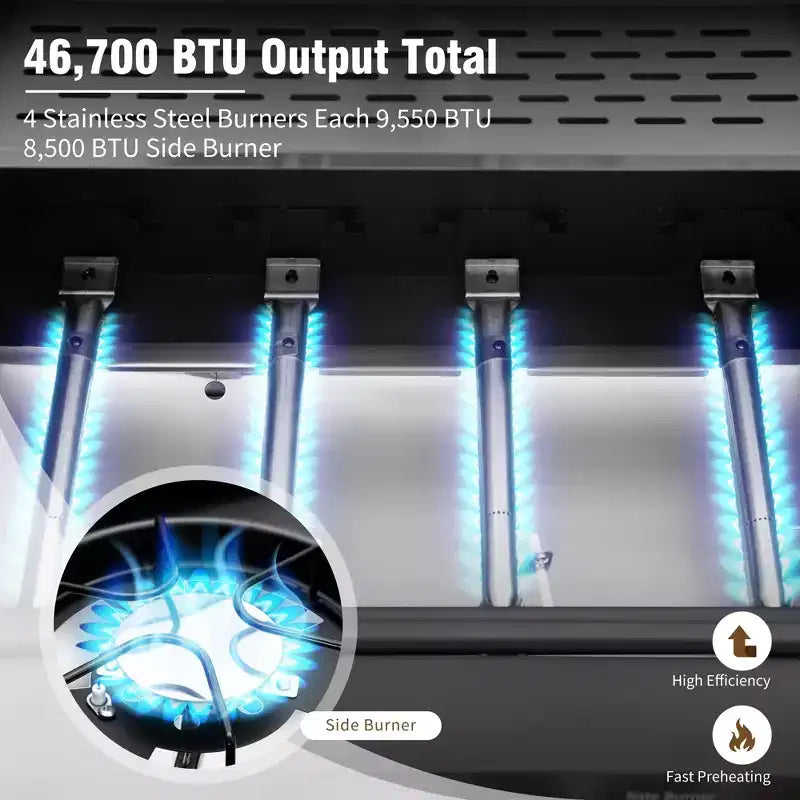 Barbecue au propane 4 brûleurs avec brûleur latéral et grilles de cuisson en fonte émaillée