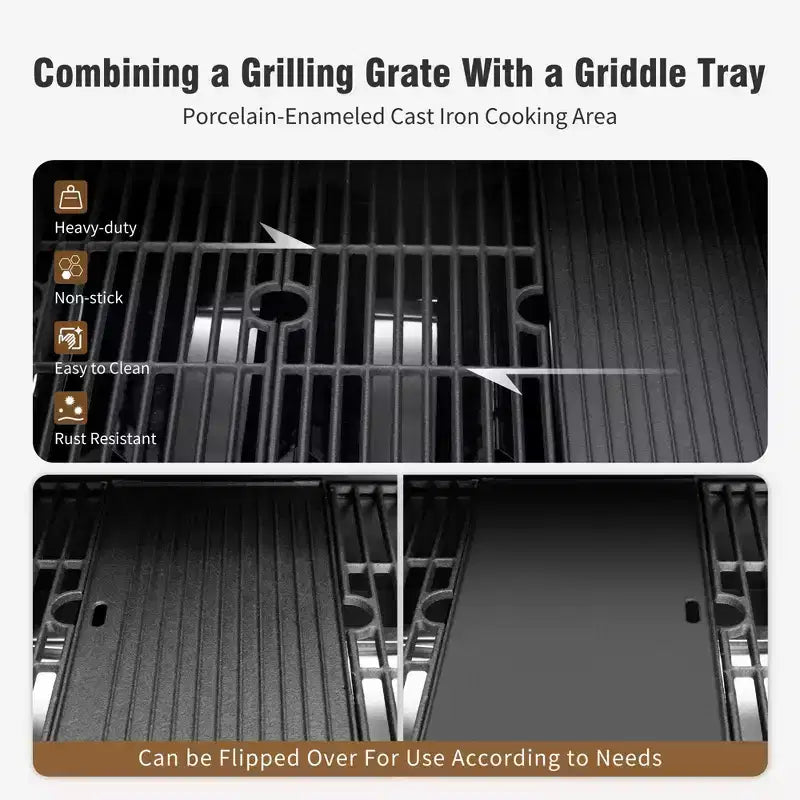 Barbecue au propane 4 brûleurs avec brûleur latéral et grilles de cuisson en fonte émaillée