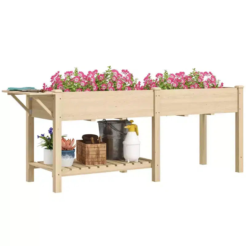 Jardinière surélevée en bois, avec table d'appoint, étagère inférieure, doublures et trous de drainage