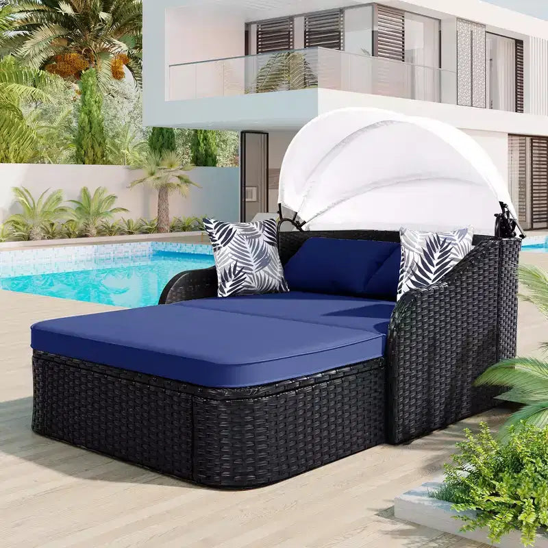 Lit de repos double en rotin synthétique moderne pour patio avec auvent réglable