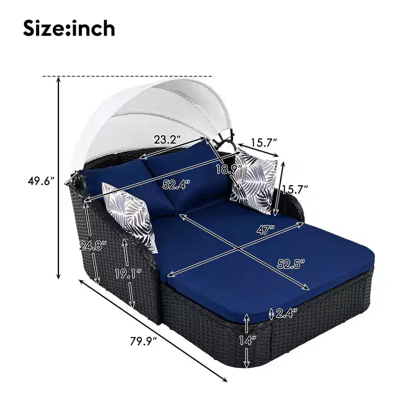 Lit de repos double en rotin synthétique moderne pour patio avec auvent réglable