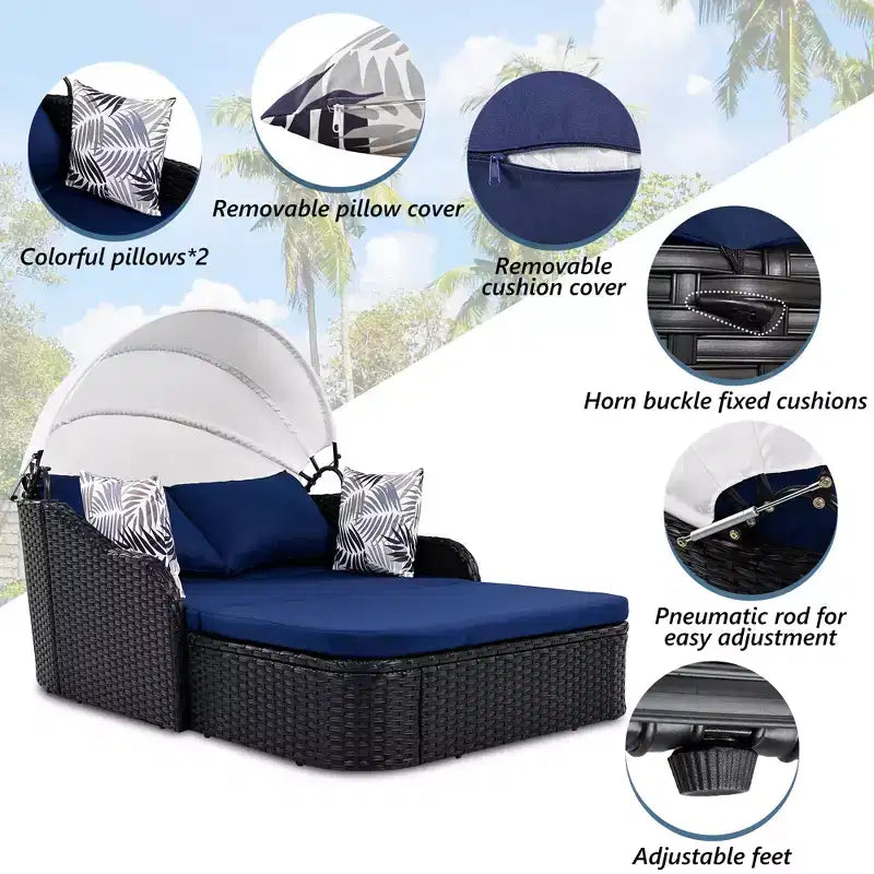 Lit de repos double en rotin synthétique moderne pour patio avec auvent réglable