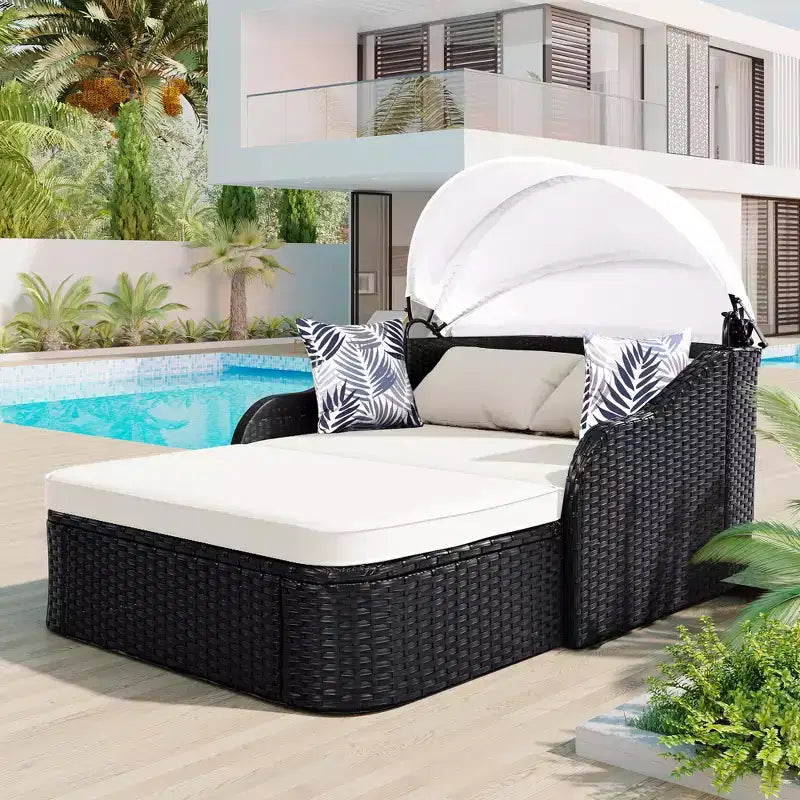 Lit de repos double en rotin synthétique moderne pour patio avec auvent réglable
