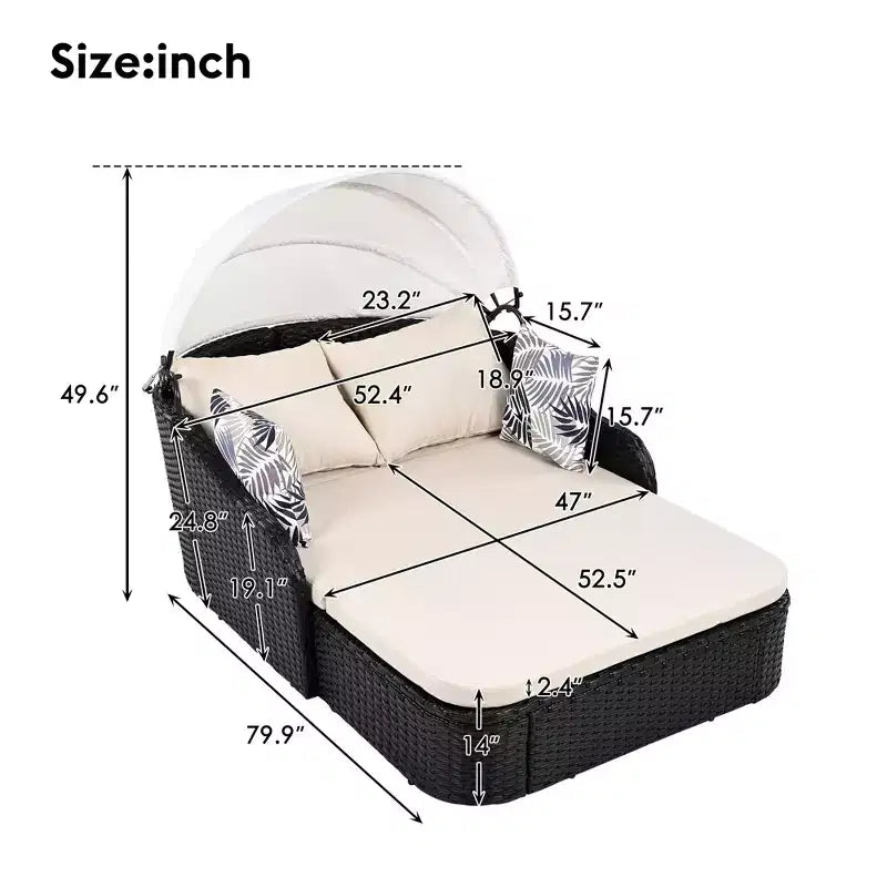 Lit de repos double en rotin synthétique moderne pour patio avec auvent réglable