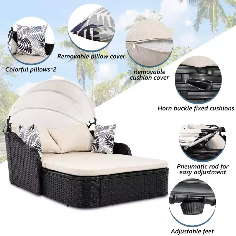 Lit de repos double en rotin synthétique moderne pour patio avec auvent réglable