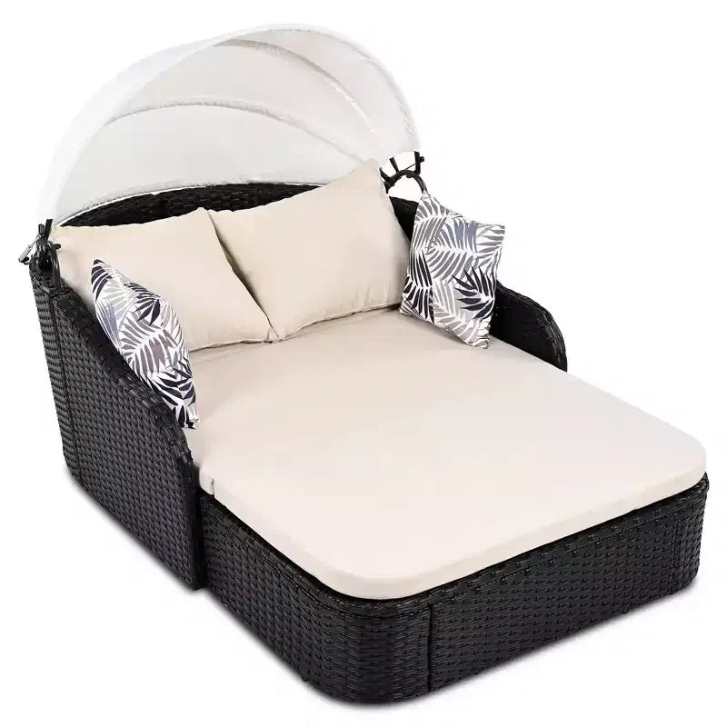 Lit de repos double en rotin synthétique moderne pour patio avec auvent réglable