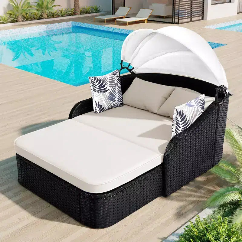 GDFStudio Sidney Patio Modern PE Rattan Double Chaise Lounge Daybed with Adjustable Canopy, Cushions and Pillows
