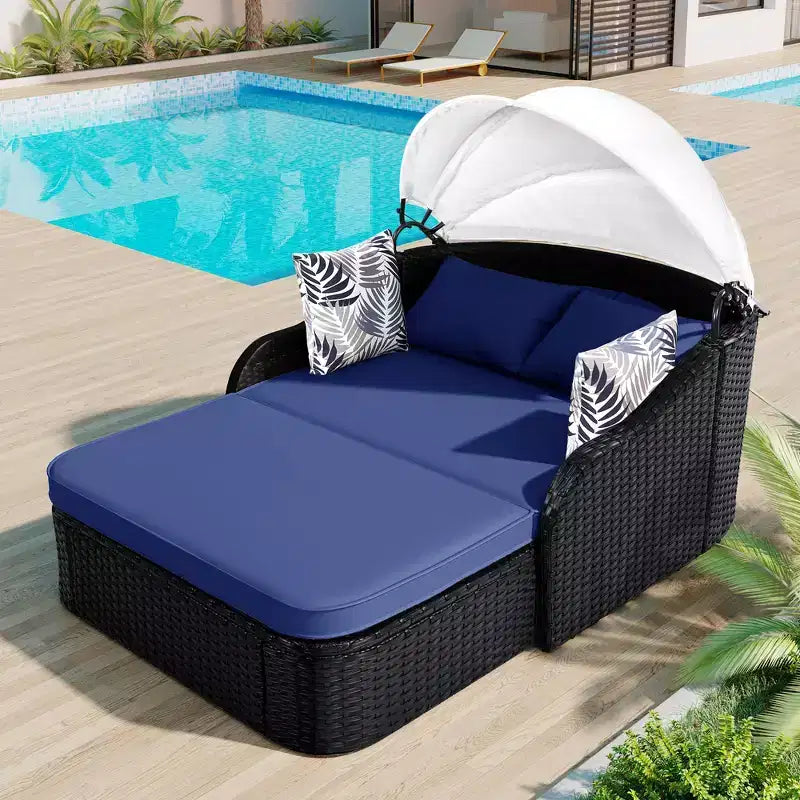 Lit de repos double en rotin synthétique moderne pour patio avec auvent réglable