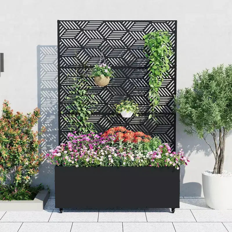 Large Metal Raised Garden Bed Planter Box with Trellis C Deep 15.7 Movable Outdoor Flower Box, Privacy Screen, Drainage Holes