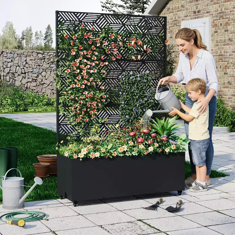 Grande jardinière surélevée en métal avec treillis C profondeur 40 cm, jardinière d'extérieur mobile, brise-vue, trous de drainage