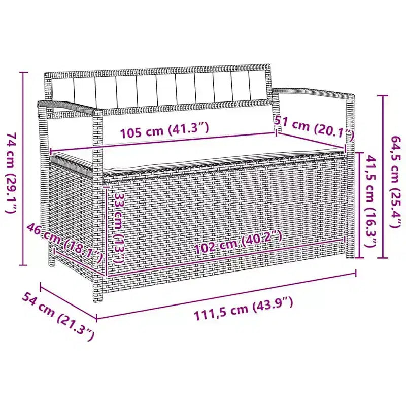 Banc de rangement de jardin en rotin synthétique, acier thermolaqué, contreplaqué