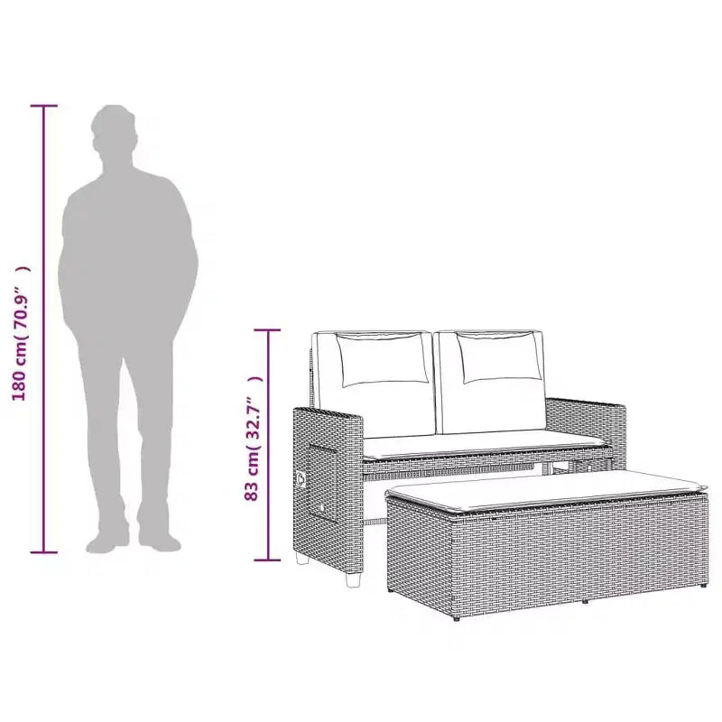 Banc de jardin inclinable avec coussins en poly rotin pour extérieur et balcon