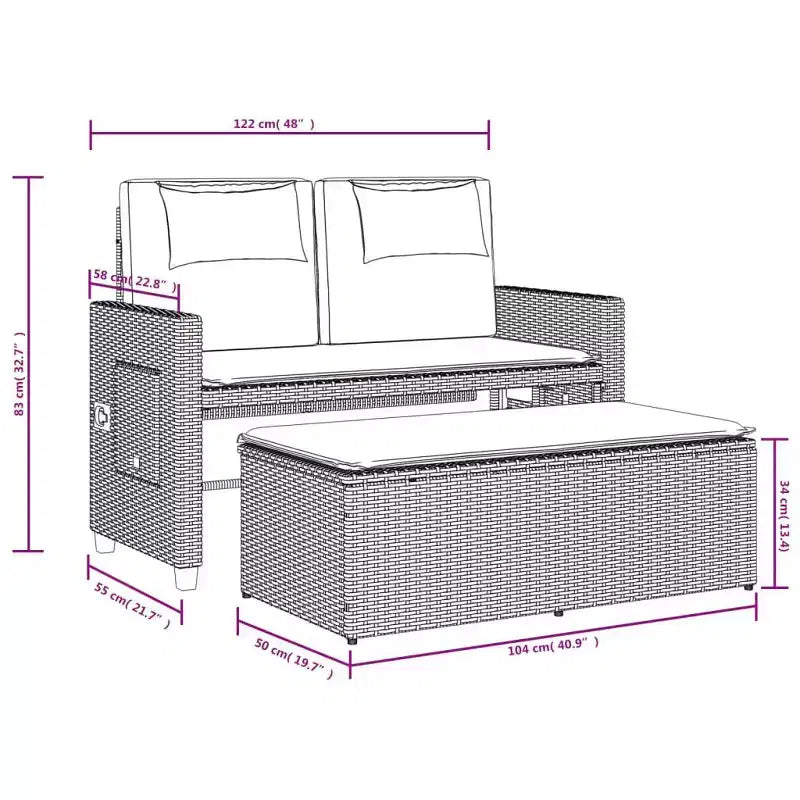 Banc de jardin inclinable avec coussins en poly rotin pour extérieur et balcon