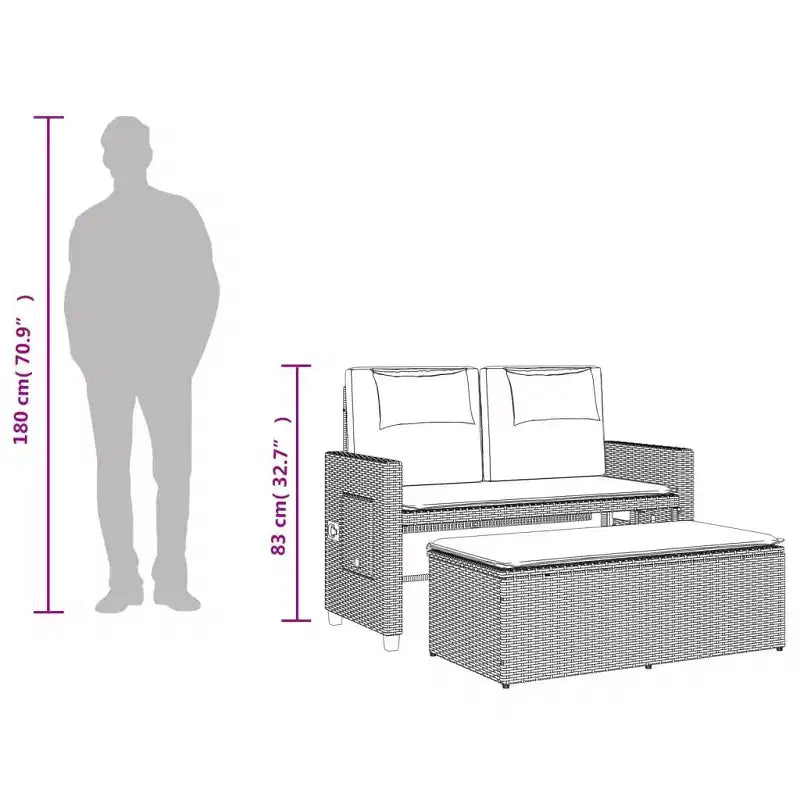 Banc de jardin inclinable avec coussins en poly rotin pour extérieur et balcon
