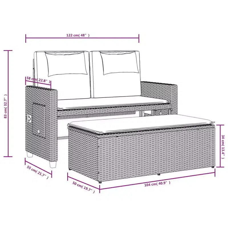 Banc de jardin inclinable avec coussins en poly rotin pour extérieur et balcon