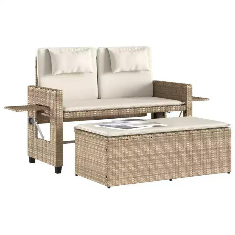 Banc de jardin inclinable avec coussins en poly rotin pour extérieur et balcon