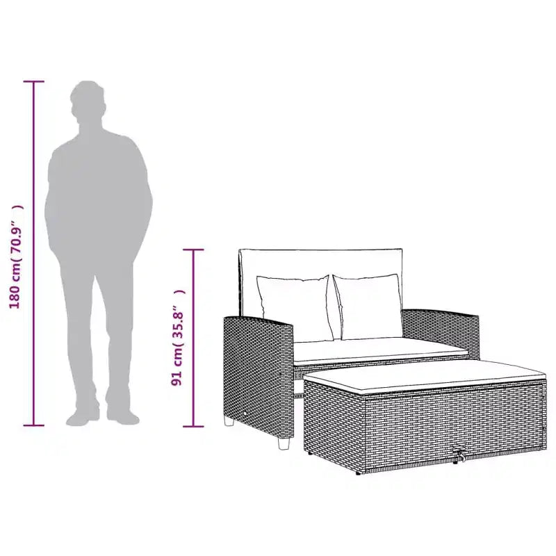 Banc de jardin inclinable avec coussins en poly rotin pour extérieur et balcon