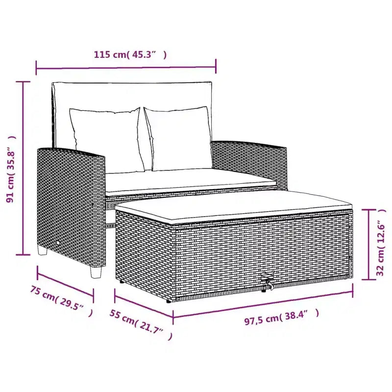 Banc de jardin inclinable avec coussins en poly rotin pour extérieur et balcon