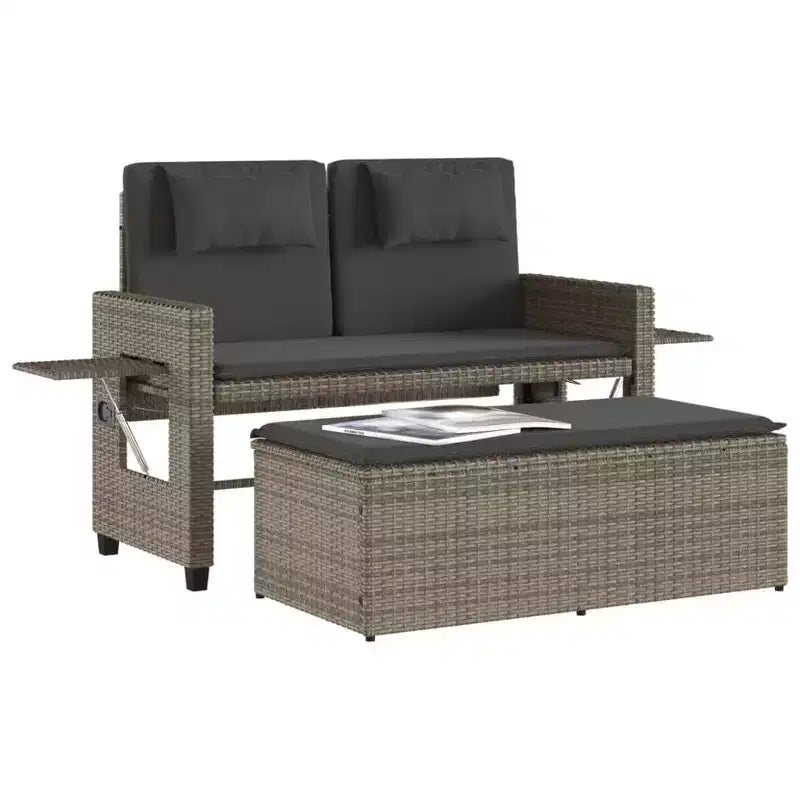 Banc de jardin inclinable avec coussins en poly rotin pour extérieur et balcon