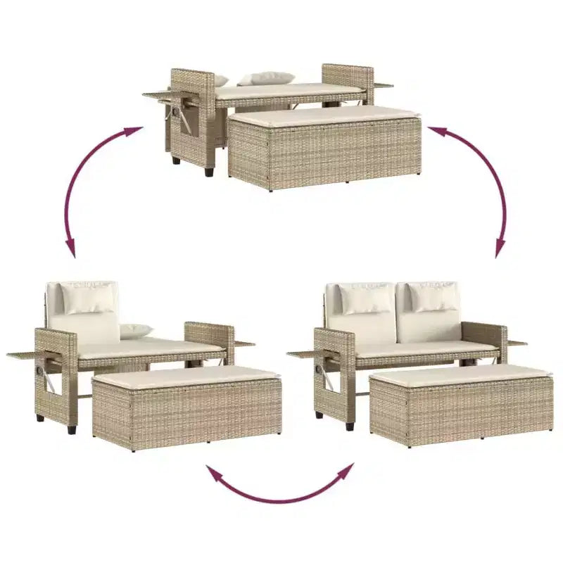 Banc de jardin inclinable avec coussins en poly rotin pour extérieur et balcon