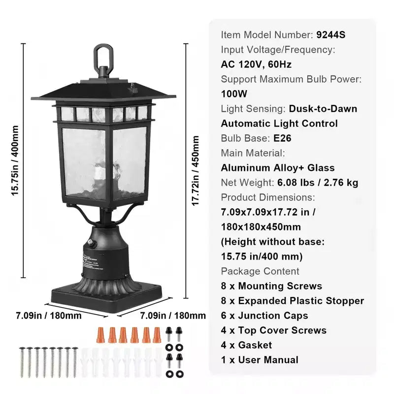 Lampadaire d'extérieur du crépuscule à l'aube, montage sur poteau de 40 cm, culot E26