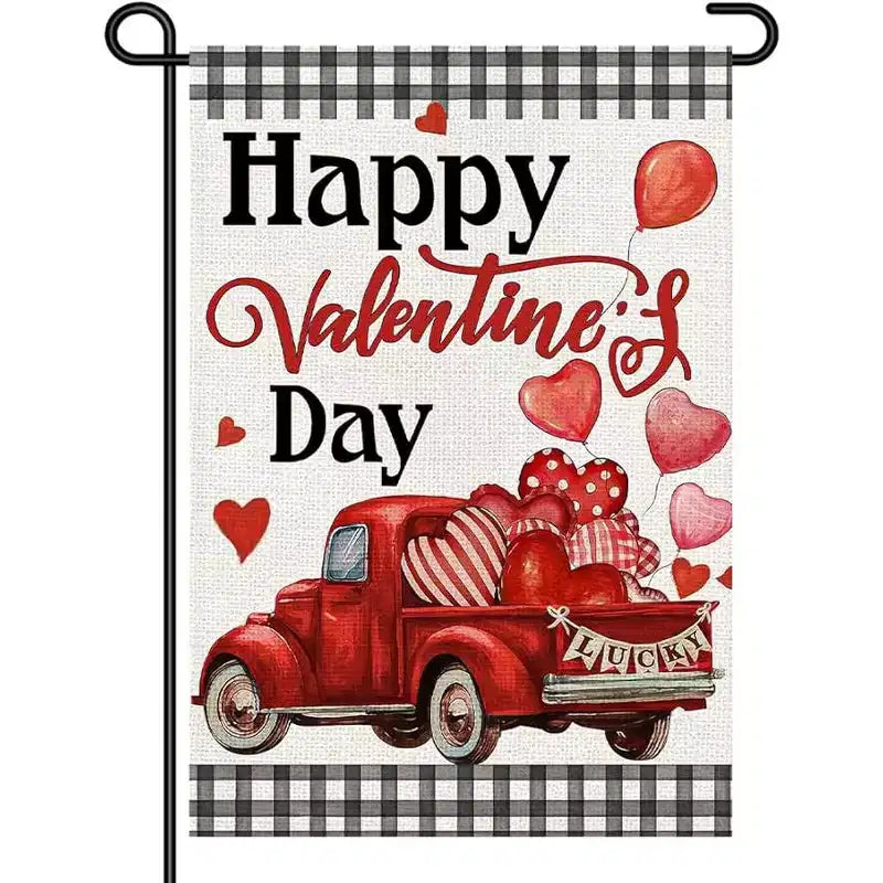 Lomsoe Happy Valentines Day Garden Flag Vintage Red Truck Yard Sign Flag Valentines Day Sign Valentines Day Gift Decor Single Side 12x18Inch