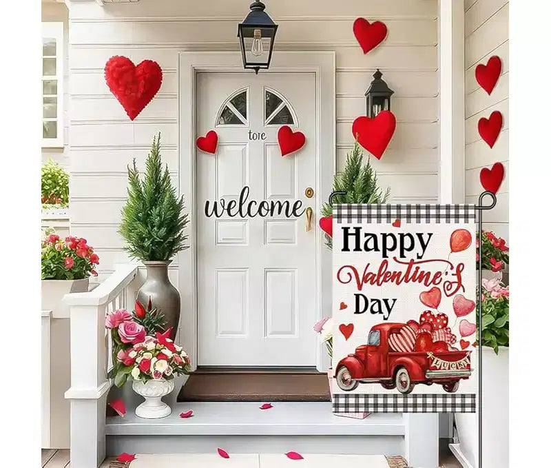 Joyeuse Saint-Valentin Drapeau de jardin Camion rouge vintage Drapeau de cour Panneau de la Saint-Valentin Décoration cadeau de la Saint-Valentin Côté unique 12x18 pouces