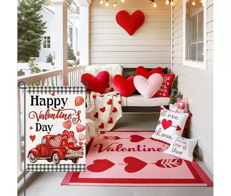Joyeuse Saint-Valentin Drapeau de jardin Camion rouge vintage Drapeau de cour Panneau de la Saint-Valentin Décoration cadeau de la Saint-Valentin Côté unique 12x18 pouces