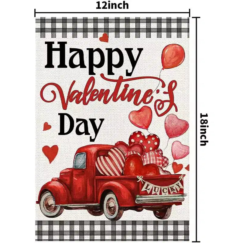 Joyeuse Saint-Valentin Drapeau de jardin Camion rouge vintage Drapeau de cour Panneau de la Saint-Valentin Décoration cadeau de la Saint-Valentin Côté unique 12x18 pouces