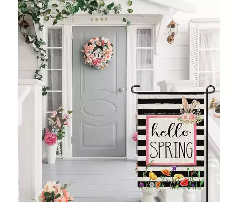 Bonjour Drapeau de jardin de fleurs de printemps Panneau floral saisonnier Bienvenue Drapeau de cour de printemps Décoration extérieure de vacances de ferme simple face 12x18 pouces