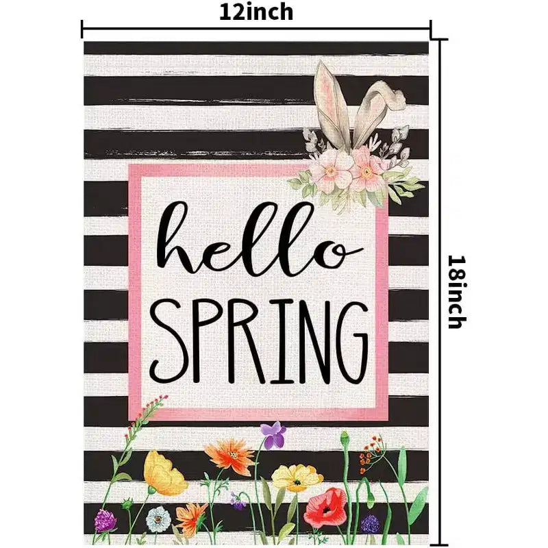 Bonjour Drapeau de jardin de fleurs de printemps Panneau floral saisonnier Bienvenue Drapeau de cour de printemps Décoration extérieure de vacances de ferme simple face 12x18 pouces