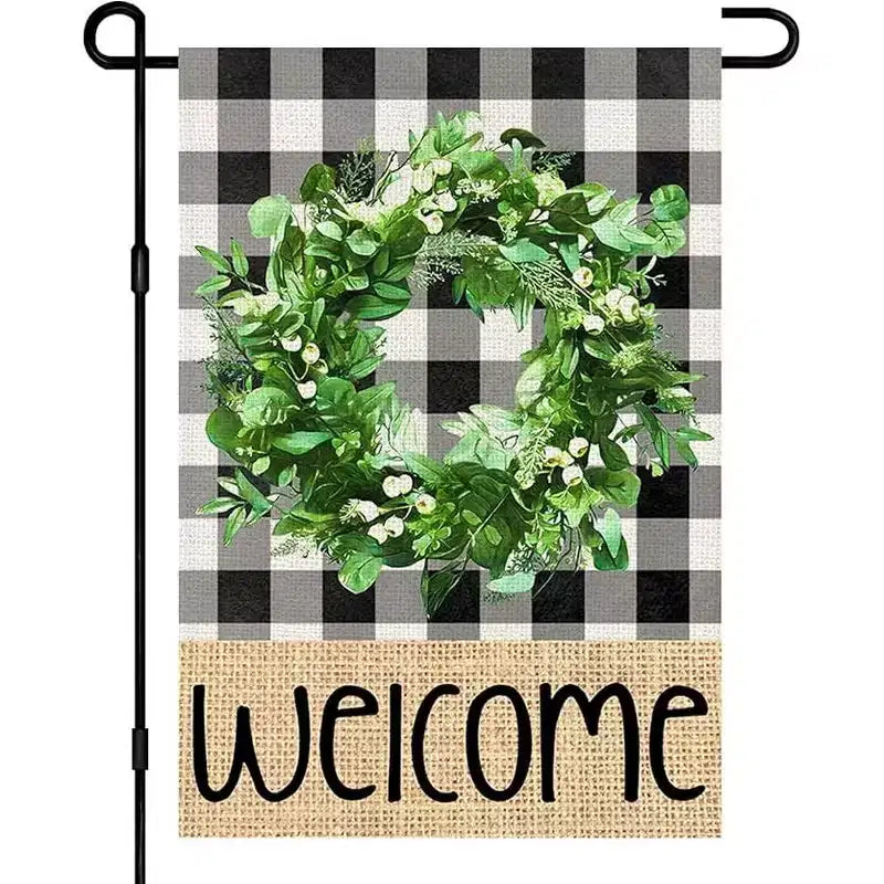 Lomsoe Welcome Spring Garden Flag Buffalo Plaid Wreath Seasonal Sign Welcome Yard Flag Spring Farmhouse Holiday Outdoor Decor Single Side 12x18Inch