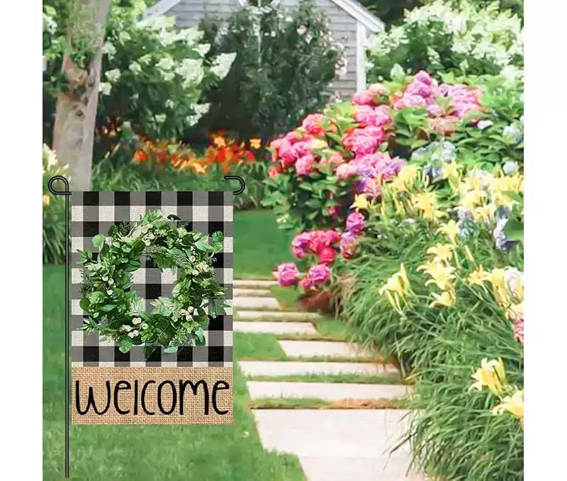 Bienvenue Jardin de Printemps Drapeau Couronne de Bisons à Carreaux Panneau Saisonnel Bienvenue Drapeau de Cour Ferme de Printemps Décor Extérieur Simple Face 12x18 Pouces