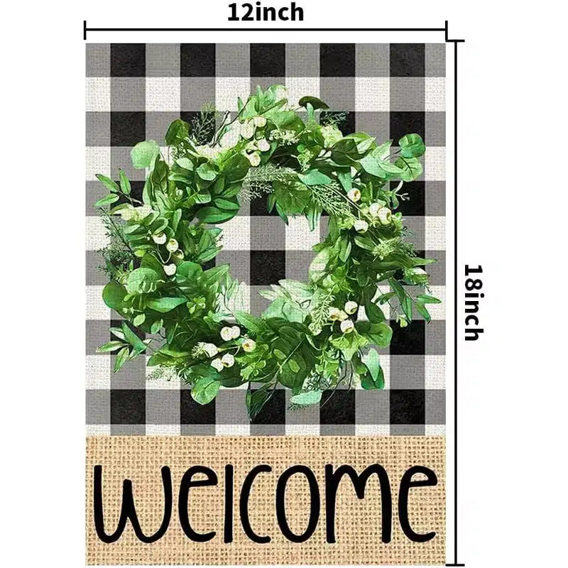 Bienvenue Jardin de Printemps Drapeau Couronne de Bisons à Carreaux Panneau Saisonnel Bienvenue Drapeau de Cour Ferme de Printemps Décor Extérieur Simple Face 12x18 Pouces