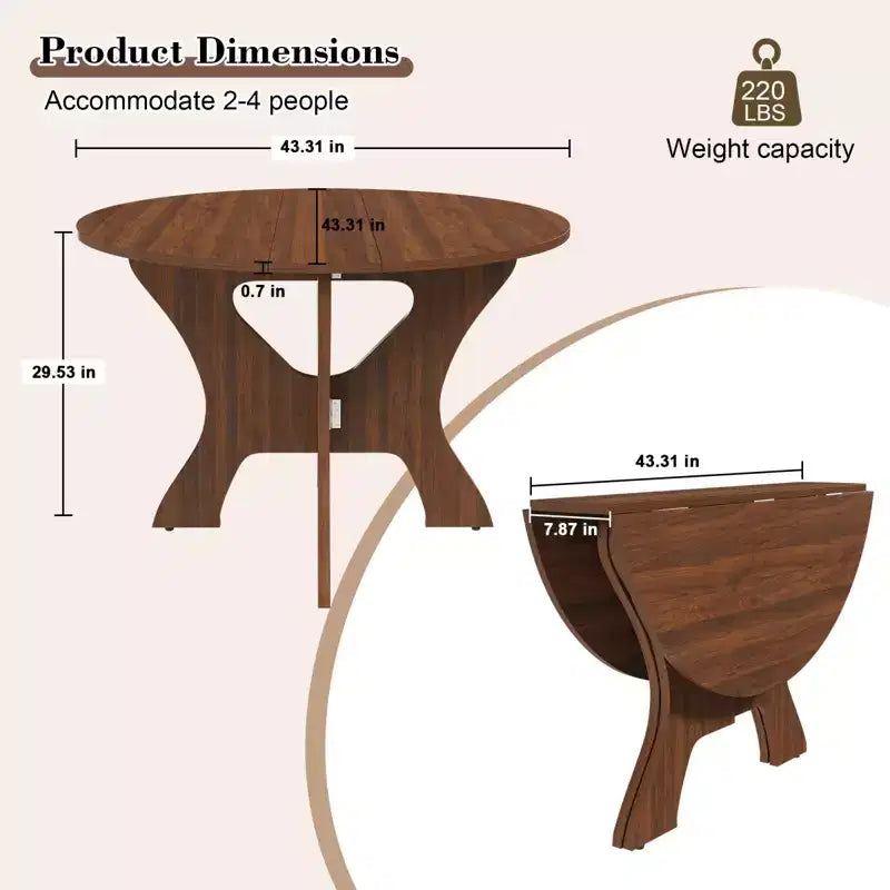 Table de salle à manger pliante de 109 cm avec placage chêne sauvage, gain de place, design multi-scénario pour utilisation intérieure et extérieure, 110 x 110 x 75 cm